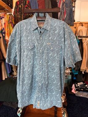 Rafter C western Light Blue Paisley Short-Sleeve Pearl Snap Shirt
